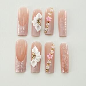Pink 3D Floral Press On Nails, Pastel Charm Gold Flower Nails, Elegant